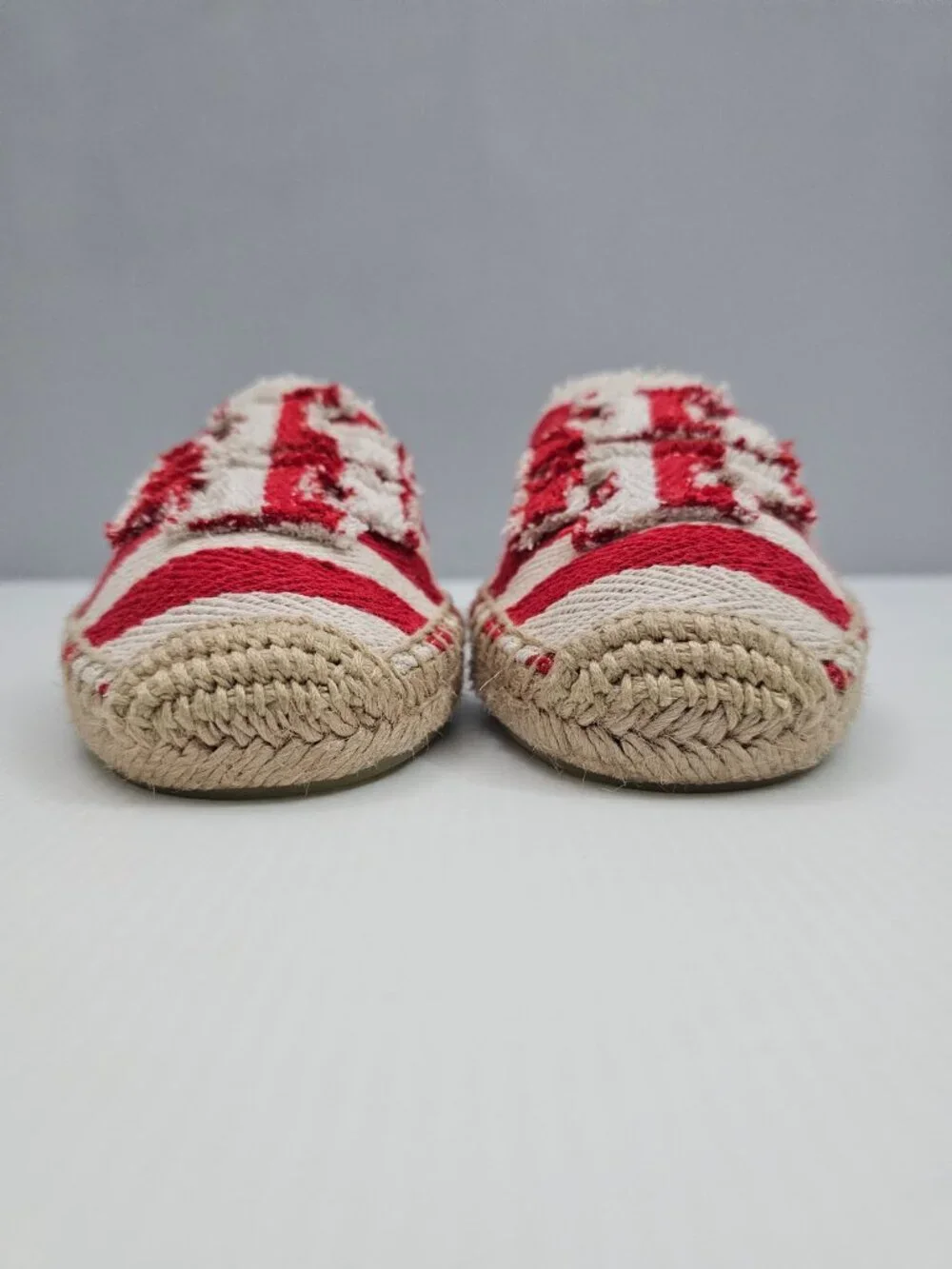 Tory Burch Fray Stripe Espadrille Flats Womens 7.5 Red White Logo Canvas Slip On